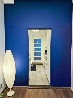 a blue room with a blue wall and a doorway at A cozy place in Amsterdam in Amsterdam