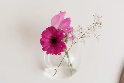 a vase filled with pink flowers on a table at Empire suites garden view in Amsterdam