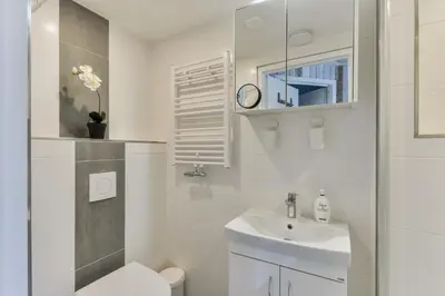 a white bathroom with a sink and a toilet at Bright and Comfortable Houseboat in Aalsmeer