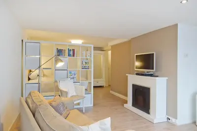 a living room with a couch and a fireplace at Studio Sautille in Zandvoort