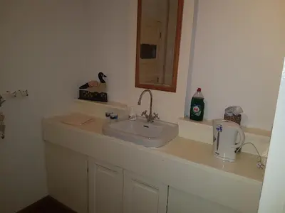 a bathroom counter with a sink and a mirror at Bed & Breakfast De Koegang in Zuidermeer
