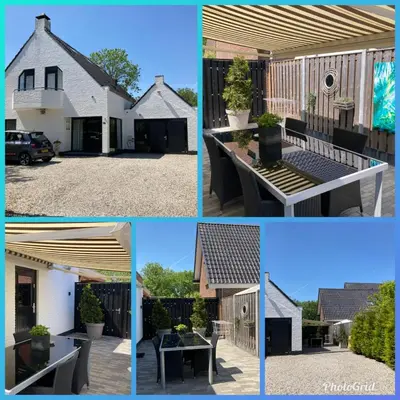a collage of four pictures of a house at Design BB Bed&Bike holiday cottage Tiny Home in Spakenburg in Spakenburg