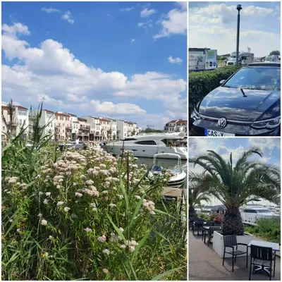 three pictures of cars parked in a parking lot at Design BB Bed&Bike holiday cottage Tiny Home in Spakenburg in Spakenburg