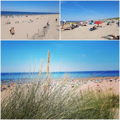 three pictures of a beach with people and the ocean at Design BB Bed&Bike holiday cottage Tiny Home in Spakenburg in Spakenburg
