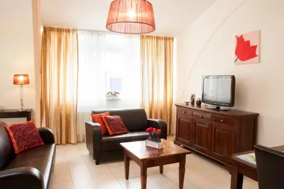 a living room with a couch and a tv at Apartement De Vosseburch in Langeraar