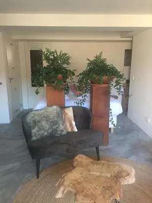 a living room with a couch and potted plants at Luxury Beach Studio Zandvoort in Zandvoort