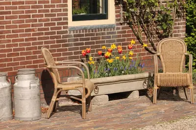 two chairs and a flower box with flowers in it at Bed & Breakfast Pax Tibi in Reeuwijk