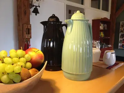 a vase and a bowl of fruit on a counter at Bed & Breakfast Pax Tibi in Reeuwijk