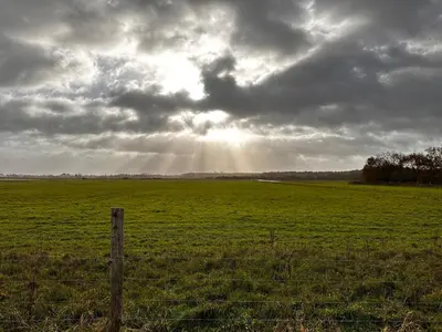 a fence in the middle of a field with a cloudy sky at Cosy Casa in Egmond aan Zee