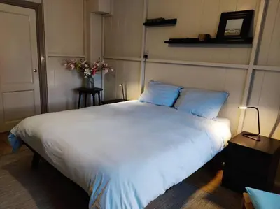 a bedroom with a large white bed with blue pillows at In het Centrum in Bergen