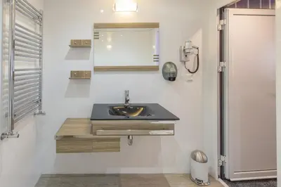 a bathroom with a sink and a shower at Villa Monte Dana in Zwanenburg