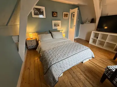 a bedroom with a large bed and a television at B&B 1971 Hazenstraat - Shared Bathroom in Amsterdam
