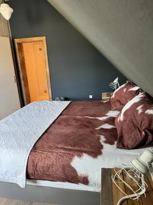 a bedroom with a bed with red comforter at Ontbijt bij De Boerenmeid in Hoogwoud