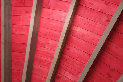 a red wall with wooden floors in a room at Bed&Bbq Longhornranch in Akersloot