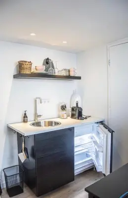 a kitchen with a sink and a counter at Tiny House Lindenhouse in Heemstede