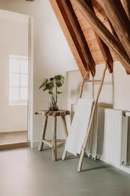a chair and a table with a plant on it at Brass Hotel in Utrecht