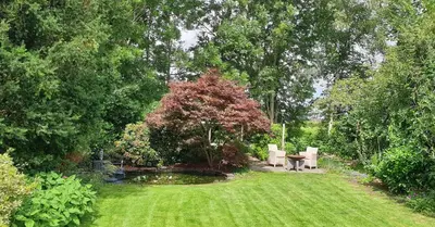 a garden with a table and chairs in the grass at Lake house 21 relax accommodation iR Sauna in Warmond