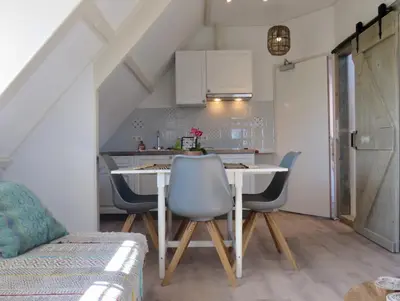 a kitchen with a table and chairs in a room at Casa duna close to the beach, city centre, dunes and parking area in Zandvoort