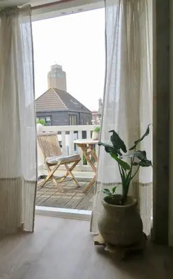 a plant in a vase sitting on a balcony at Casa duna close to the beach, city centre, dunes and parking area in Zandvoort