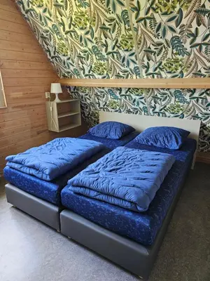 two beds with blue pillows in a room at Eureka Vakantiehuisjes in Schoorl