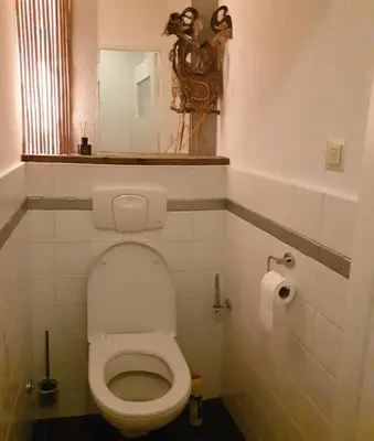 a small bathroom with a toilet and a mirror at Have a nice stay! - Strand Vakantiehuis Noordwijk in Noordwijk aan Zee