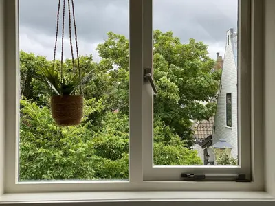 a window with a potted plant hanging from it at Zandvoort Central Apartment in Zandvoort