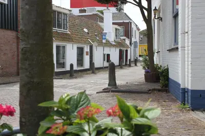 an empty street with buildings and flowers in a town at Zandvoort Central Apartment in Zandvoort