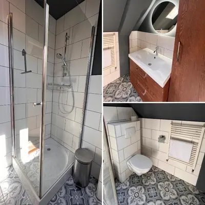 two pictures of a bathroom with a shower and a toilet at Zandvoort Central Apartment in Zandvoort