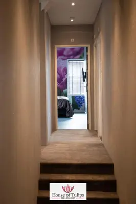 a hallway with stairs leading to a house of turtles at House of Tulips in Hillegom