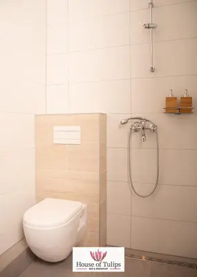 a bathroom with a toilet and a shower at House of Tulips in Hillegom