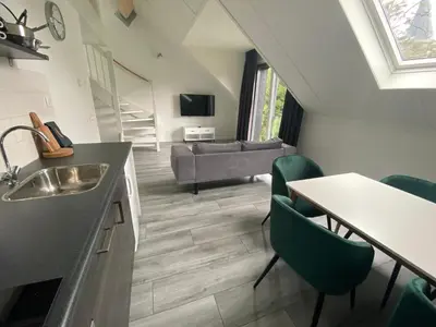 a kitchen with a sink and a living room at Greenstay in Amsterdam
