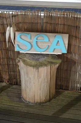 a sign that says sea sitting on top of a tree stump at Sea in Egmond aan Zee