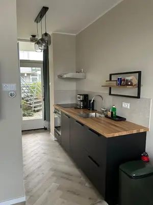 a kitchen with a sink and a counter top at Amsterdam Beach Apartment 34, Private Garden in Zandvoort