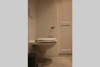 a bathroom with a toilet and a door at Mooi appartement in een prachtige fiets-wandelomgeving in Abcoude