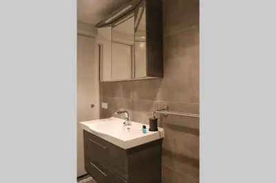 a bathroom with a sink and a mirror at Ruim appartement in prachtige fiets-wandelomgeving in Abcoude