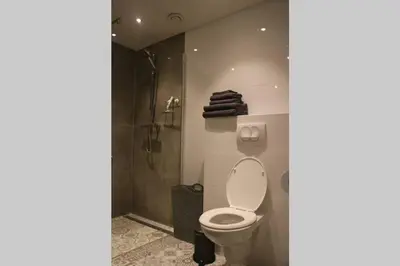 a bathroom with a toilet and a shower at Ruim appartement in prachtige fiets-wandelomgeving in Abcoude