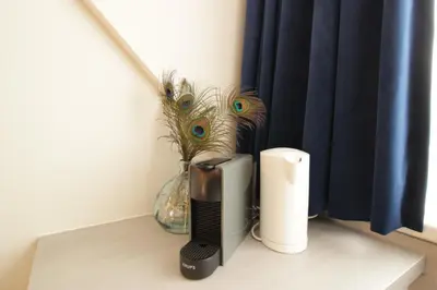 a desk with a computer monitor and a vase with peacock feathers at Zeevonk Studio's & Appartementen in Katwijk aan Zee