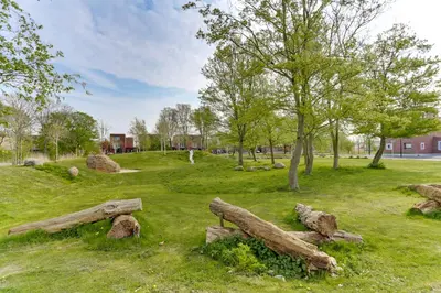 a park with logs in the grass and trees at B&B Modern Times in Amsterdam