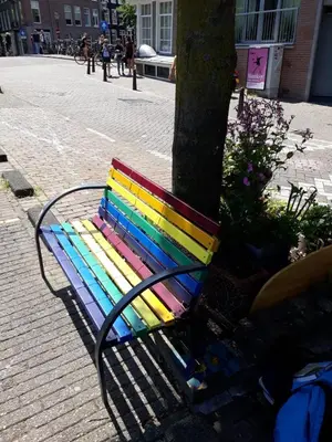 a colorful bench sitting next to a tree at Homey Budget Bedroom in Amsterdam