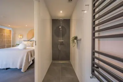a bathroom with a shower and a bed in a room at De Grote Stern in Groet