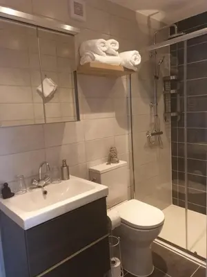 a bathroom with a toilet and a sink and a shower at Sunset Lodge in Zandvoort
