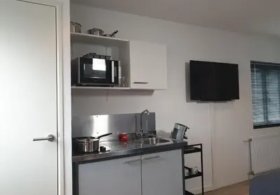 a kitchen with a sink and a microwave at Sunset Lodge in Zandvoort