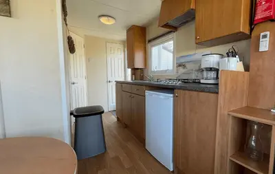 a kitchen with wooden cabinets and a white dishwasher at Duindoorn 46 in IJmuiden