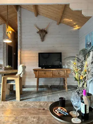 a living room with a flat screen tv on a wall at Chalet peter in Limmen