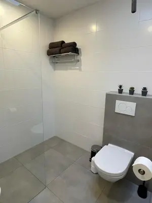 a bathroom with a toilet and a shower at Studio River, Luxe dichtbij strand en Duinen in Egmond aan Zee
