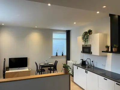 a kitchen and dining room with a table and a television at Studio River, Luxe dichtbij strand en Duinen in Egmond aan Zee