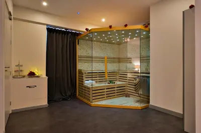 a bathroom with a glass shower in a room at Wellness Suite Zeist in Zeist