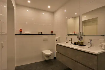 a bathroom with a toilet and a sink and a mirror at Wellness Suite Zeist in Zeist