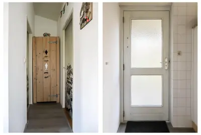 a corridor with a white door and a hallway with a door at Rekerlanden 195 in Schoorldam