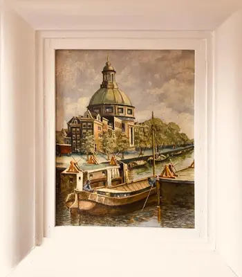 a painting of a painting of a building and a boat at Little Tulip in Amsterdam
